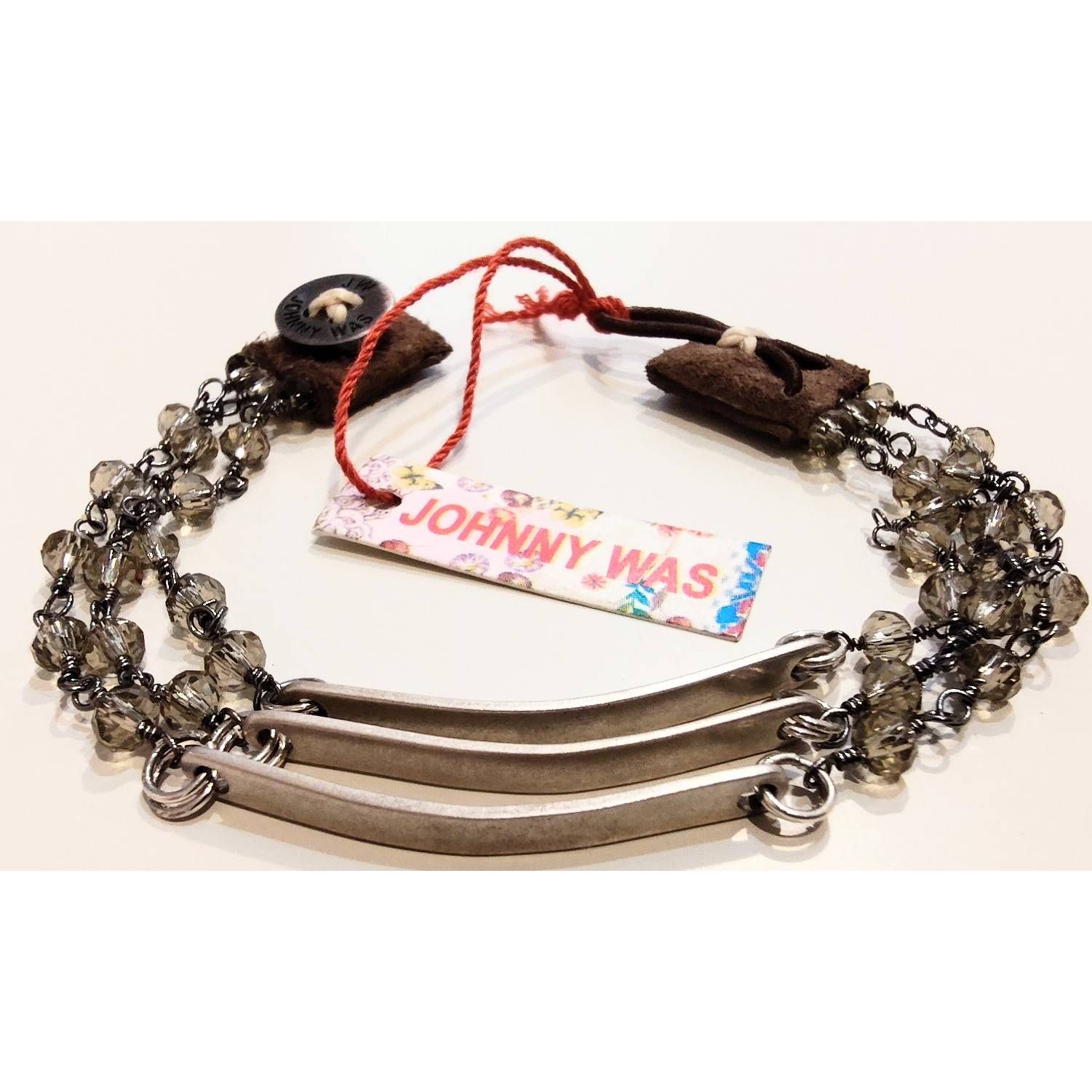 Johnny Was 925 Silver 3 Plate With Crystal Bead Bracelet. Loop/Leather Nwt